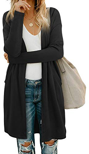 OUGES Women's Black Cardigan with Pockets Long Sleeve Casual Open Front Lightweight Ladies Cardigan(Black,XXL)