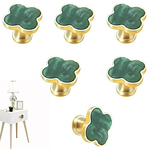 CPELLESSE Lot de 6 boutons d'armoire en trèfle à quatre feuilles, boutons d'armoire, de boîte à bijoux, de tiroir, d'armoire, d'armoire à vin, poignées de porte à un trou (vert)