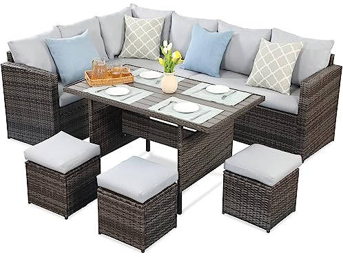 MeXo Polyrattan Ecksofa wetterfest mit Esstisch 132x76x67cm modulare Lounge Set kombinierbar, Rattan Ecksofa Outdoor, Belastbarkeit pro Sitzplatz bis zur 140kg (Grau-9 Personen)