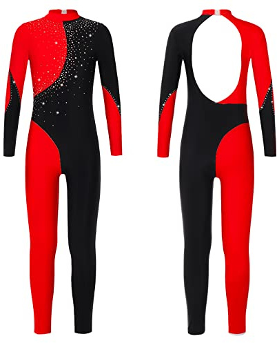 Doomiva Gymnastics Leotards for Girls Dance Unitard Athletic Jumpsuit Long Sleeve Dancing Costume Catsuit 6-16 Years Black&Red 7-8 Years