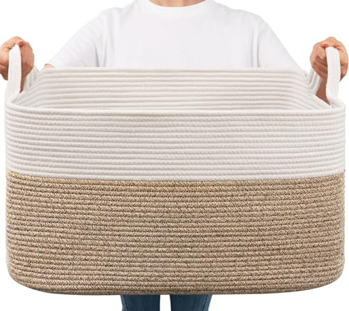 Goodpick Large Woven Blanket Basket, 21.6 x 14.9 x 11.8 Storage Baskets for Organizing, Rectangle Cotton Rope Toy Basket for Living Room, Bedroom, White & Brown