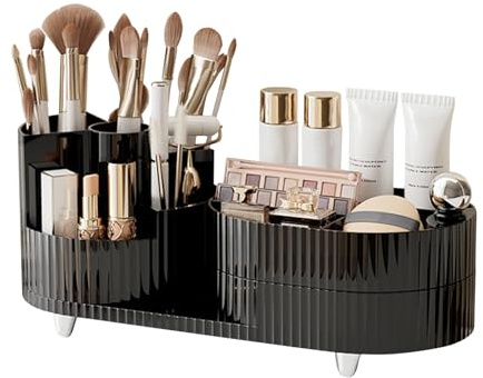 DASITON Organizer Trucchi di Grande Capacità,Porta Trucchi Organizer Girevole a 360°,Organizzatore Trucchi con Cassetti,Porta Pennelli Make up Organizer Trucchi Cassetti per Vanità,Bagno(Nero 01)
