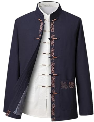 Chinese Traditional Tang Suit Hanfu Kimono Jacket Men's Cardigan Cheongsam Collar Casual Jacket Retro Button Top navy blue J51 S
