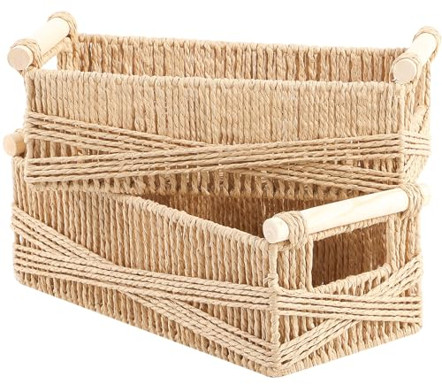 OUTBROS 2er Set Aufbewahrungskorb Geflochten, Boho Dekor gewebte Körbe mit Griff, Dekorative Arbeitsplatte Toilettentank Regal Schrank Organizer für Schlafzimmer Wohnzimmer, Natürlich