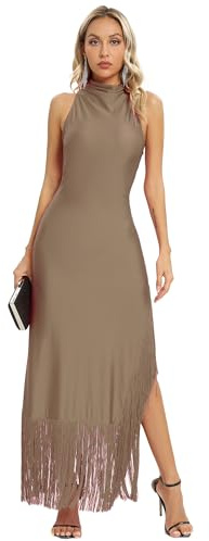 Aigeman Women Vintage Flapper Dresses 1920s Great Gatsby Halter Fringed Maxi Dress Tassels High Split Formal Dress 19(Large,Coffee)