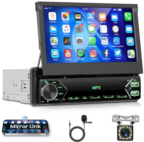 Radio de Coche 1 DIN con Bluetooth iOS/Android Mirror Link 7 Pulgadas Pantalla Retráctil Manual Radio Coche con Manos Libres Bluetooth FM Radio/USB/AUX/EQ/Type C Controles del Volante Cámara Trasera