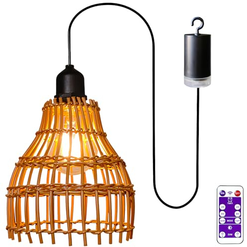 Rattan Hängelampe mit Batterie, Solar Hängelampe Outdoor, Außen Innen Hängeleuchte Batteriebetriebene Lampe, Rattan Lampe Boho Korb Lampenschirm Pendelleuchte Outdoor Beleuchtung für Garten (A)