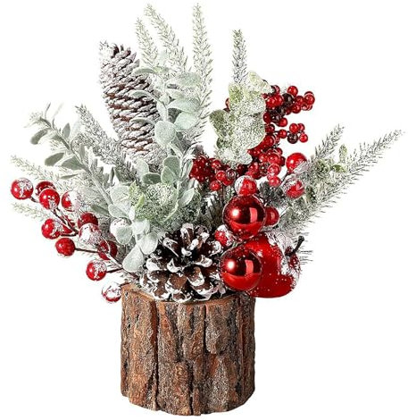 Albero di Natale Artificiale in Vaso da 27 Cm, Albero di Natale Finto da Tavolo Pino con Base in Legno per la Casa Inverno Vacanze di Natale Feste Ufficio Decorazioni per il (A)