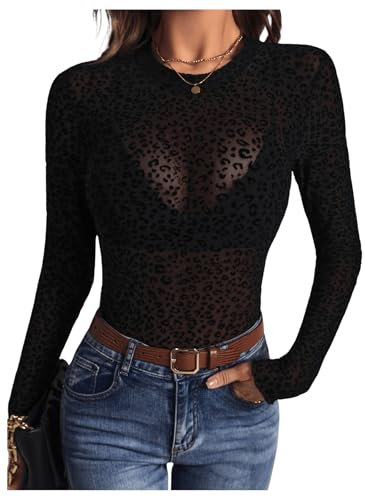 GORGLITTER Women's Leopard Print Sheer Mesh T Shirts Crewneck Long Sleeve Sexy Fitted Tops Black L