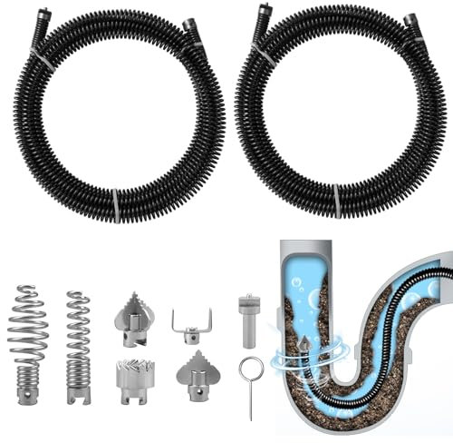 Spirale de nettoyage de tuyaux 2 x 3 m, diamètre de la spirale 12 mm, avec 6 têtes de coupe de déboucheur et 1 adaptateurs électriques, spirale de nettoyage de tuyaux en acier, déboucheur efficace