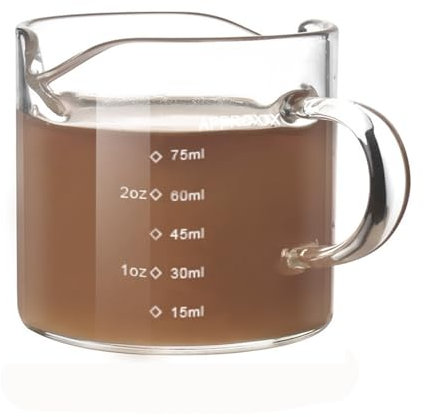 Dewocke Tazas Medidora de Café Expreso, 75 ml Taza de Espresso con Mango, Doble Boquilla, Jarra Medidora Cristal para Café, Expreso, Leche - Resistente al Calor
