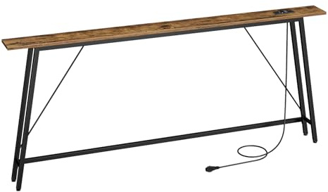 YATINEY Mesa de Consola con Regleta, Mesa de Entrada Estrecha, 1 Toma de Corriente y 2 Puertos USB, Mesa Auxiliar Delgada, Expositor, Marco de Metal, para Pasillo, Marrón Vintage y Negro XCT185CBR