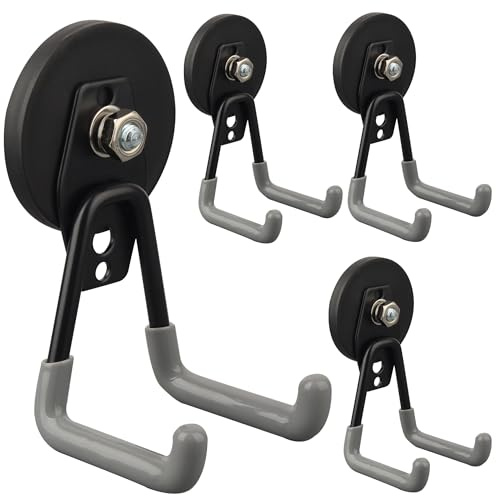 ULIBERMAGNET Heavy Duty Magnetic Hooks,Strong Large Magnet Hooks for Power Drill,Garden Tools, Hose,Pegboard,Garage,Workshop,4 Pack Magnetic Storage Hooks for Indoor Outdoor Hanging(Gray)