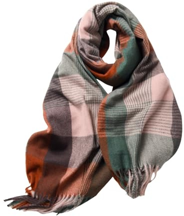 WHCREAT Schal Damen Winter Weicher Warmer Winterschal Karierte Damenschal Mit Fransen Lange Stola Schals, Orange Grün
