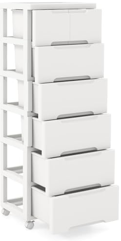 GIANTEX Armadietto per nicchia con ruote, scaffale per nicchia con 7 cassetti, carrello stretto con serratura a rotelle, carrello da bagno con piccolo armadio a cassetti 40 x 32 x 114 cm, bianco