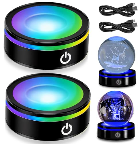 BAIFULAI Base luminosa a LED, 2 pezzi di luci LED, 6 colori, rotonde, con interruttore touch sensibile, base per lampada a LED, per display artistico