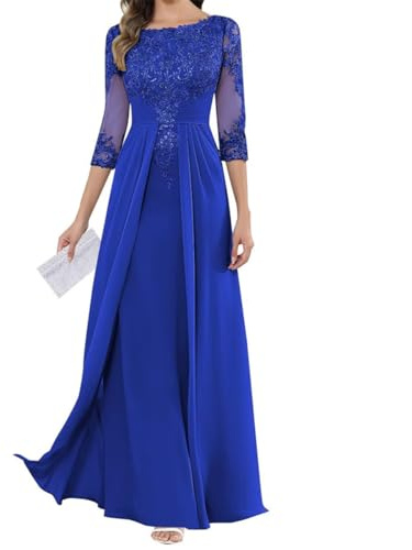SAYNO Abito da madre della sposa con applique in pizzo per abiti da ballo di nozze abiti da cocktail in chiffon plus sizeSize, Blu reale, 54 Più
