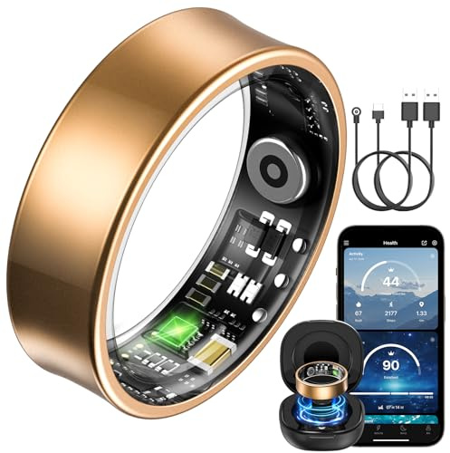 BANLVS Bague Connectée, Boîtier de Recharge Inclus, Smart Ring avec 24/7 Fréquence Cardiaque HRV SpO2 Sommeil Stress, 176 Sport,Étanche IP68, APP sans Abonnement iOS Android, Or, 57.5mm(8)
