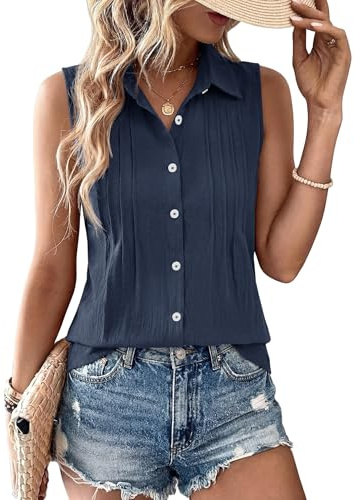 Rapbin Chemisier d'été sans manches boutonné en coton pour femme avec col plissé sur le devant