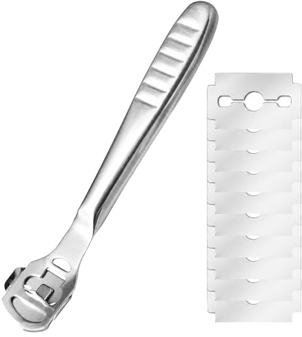 Cepillador de callos de acero inoxidable, raspador de pies con 10 cuchillas de repuesto, cortador de callos para tacones y plantas, herramienta de cuidado de pies en casa
