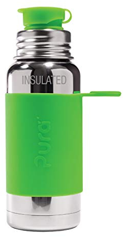 Pura Sport Isolierflasche mit Hülle und Silikon-Deckel mit großer Öffnung, 473 ml, Edelstahl, warm und kalt, auslaufsicher und auslaufsicher, für Kinder, Kleinkinder, Vorschüler, Grün