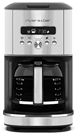 riviera&bar Cafetière Filtre Programmable - 1,8L avec Écran LCD, Départ Différé 24h, Maintien au Chaud, Stop-Gouttes, Alerte Détartrage, Sélecteur d'Arôme, Douchettes Multi-Sorties - 950W - Inox