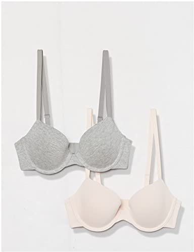 Amazon Essentials Women's Underwire Lightly Padded Demi Cup Microfiber Cotton Bra, Pack of 2, Grey Heather/Pearl, 34C