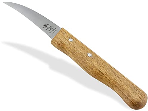 Schälmesser aus Solingen Gemüsemesser Vogelschnabel Universal Messer mit Rostfreier gebogener Messerklinge Küchenmesser mit Buchenholz Griff Made in Germany Kleines Holzmesser für Küchenarbeiten
