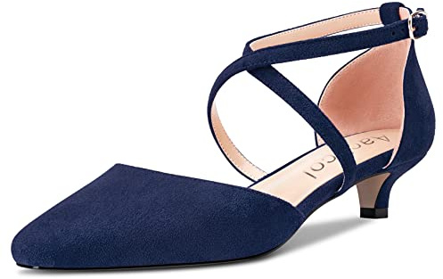 Aachcol Donna Sandali Quadrata Punta Cinturino alla Caviglia Pumps Basso Gattini Tacco Heel Dress Scarpe Scamosciato da Matrimonio Shopping Blu Navy 3.5 CM 44 EU