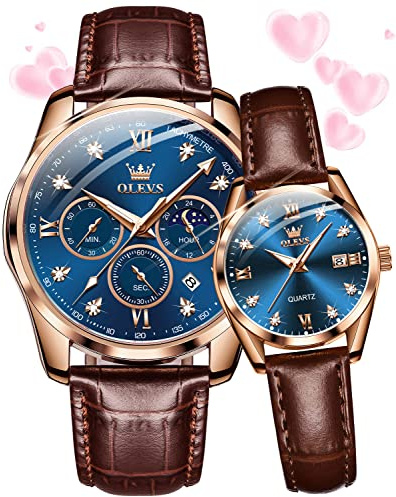 OLEVS Valentines Couple Pair Quartz Watches His and Her Couple Set Leather Chronograph Diamond Blue Wrist Watch Men Women Lovers Wedding Romantic Gifts Set of 2