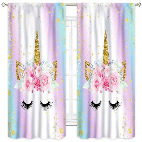 TKUYO Unicorn Curtains for Girls Bedroom, Ombre Rainbow Pink Gold Princess Unicorn Colorful Blackout Drpaes for Girls Kids Baby Room Living Room Nursery Window Treatments 2 Panels Sets, 42x45 Inch