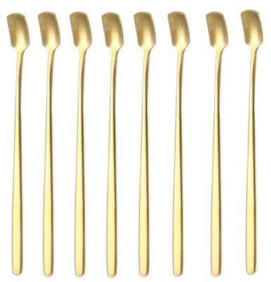 Lot de 8 cuillères à café carrées en acier inoxydable doré avec manche de 17 cm de long pour mélange de dessert, cuillère à expresso pour crème glacée, thé, sucre, lait, poudre, cuillère à café glacée