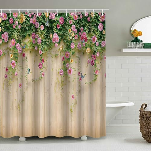 Fairygate Badgardin duschdraperi vattentät antimögel polyester duschdraperi med 12 duschdraperiringar för badrum inredning 180 x 180 cm gröna blad B9522