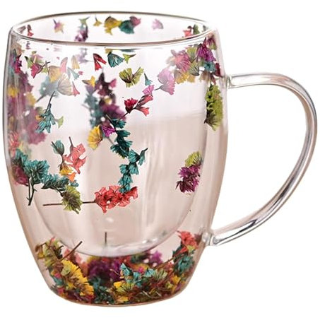 Tazza Con Fiori - Doppia Parete in Vetro Trasparente Con Fiori Secchi Estetici | Manico | 350 ml | Isolante Resistente al Calore | Leggera per Caffè Espresso