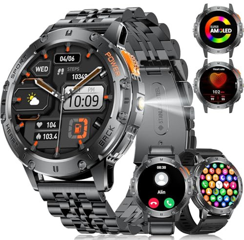 LIGE Military Smart Watch for Men with Flashlight,530mAH Outdoor Sport Fitness Tracker Watch,1.43 HD Smartwatch for Android iOS with Heart Rate Blood Pressure Monitor Irregular Straps