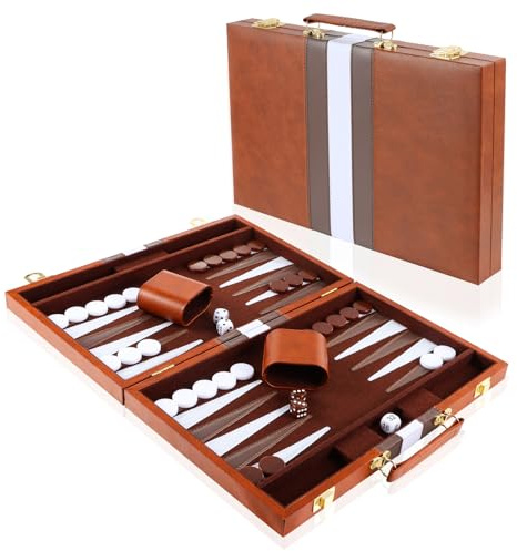 Valise de Backgammon 18 Pouces avec Accessoires complets, Set de Back-Gammon pour 2 Joueurs, Set de Jeu de Voyage Portable Backgammon avec poignée pour Adultes (Marron)