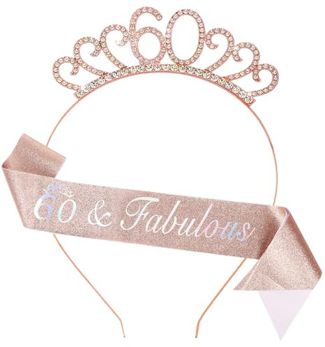 60th Birthday Decoration for Women,Rose Gold Birthday Sash and Rhinestone Headband for Women's 60th Birthday Party Decor