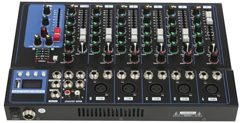 Professional Bluetooth Audio Mixer 7-Channel DJ Mixer Sound Board with USB Sound Mixing Console 3 Band Equalizer and 48V Phantom Power for DJ Recording Studio Home Karaoke.