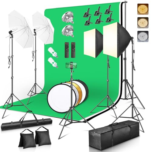 Photography Lighting Kit with 8.5x10ft Backdrops, LED Bulbs, Softboxes & Umbrellas - Complete Studio Setup for Video & Photo Shoots