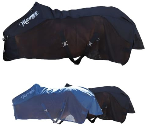 Marengos - Regen- & Fliegendecke Comfort – Pferdedecke mit Mesh, Kreuzgurten, Triplex-Verschluss & Ringe für Halsteil – reißfeste Regendecke – Outdoordecke für Pferde – Schwarz – 145cm