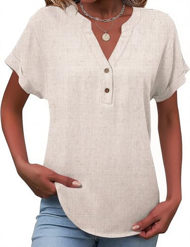 Tisfeer Womens Blouse Summer Linen Short Sleeve T-Shirt Button Down V Neck Dressy Casual Baggy Tunic Tops Solid 2026 Trendy Clothes(White Linen,M)