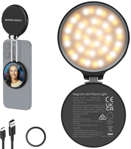 NEEWER BÁSICO Luz LED Magnética Selfies, Compatible con iPhone MagSafe, Soporte Escritorio Teléfono con Espejo Maquillaje, 1160lx/0,2m 900mAh CRI95, Luz Relleno para Grabación Streaming, Negro NL48R