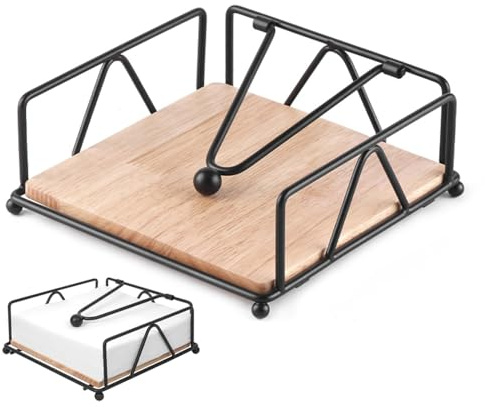 Serviettenhalter Schwarz, Serviettenspender mit Beschwertem Spannarm, Serviettenständer, Servietten Halterung, Napkin Holder Eisenrahmen und Holz-Sockel