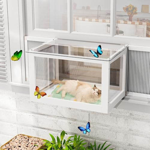 Dephet Cat Window Box, Catio Outdoor Cat Enclosure Window Perch W/Mosquito-Proof Net, Cats House Fits Double Hung Frames 25.2 to 43 W, Clear Panels for Indoor Cats Sunbathing Overlooking (White)