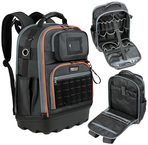 TUFFWORX Werkzeugrucksack, 35 Taschen, 35 x 20 x 47 cm, Schwarz und Orange, Wasserabweisend,Elektriker Rucksack mit verstärktem Boden