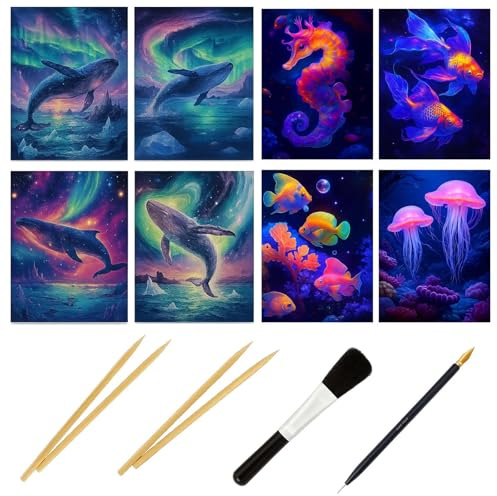 14-teiliges Nachtleuchtendes Kratzbilder Set, 30,4x21,5 cm Glow in the Dark Scratch Art mit 4 Wal-Motiven & 4 Meeresfisch-Motiven, inkl. 5 Kratzstifte & Bürste, Bastelset für Kinder & Erwachsene