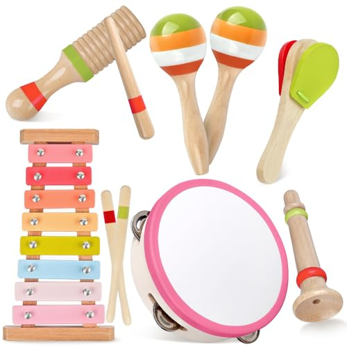 Montessori Spielzeug ab 1 Jahr für Mädchen, Holz Musikinstrumente für Kleinkinder 1-3 | 6-in-1 Kinder Xylophon & Percussion Set, Weihnachts- Geburts- und Ostergeschenk für Baby Mädchen(rosa 6 in 1)