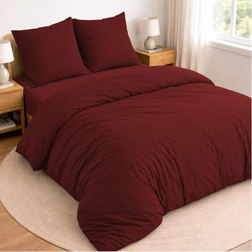 Twinzen Juego de Cama de 4 Piezas para Cama 135 - Funda Nordica 240x260 cm, Sabana Bajera 180x200 cm y 2 Fundas de Almohada 65x65 cm - Microfibra cepillada, Oeko-Tex - Burdeos