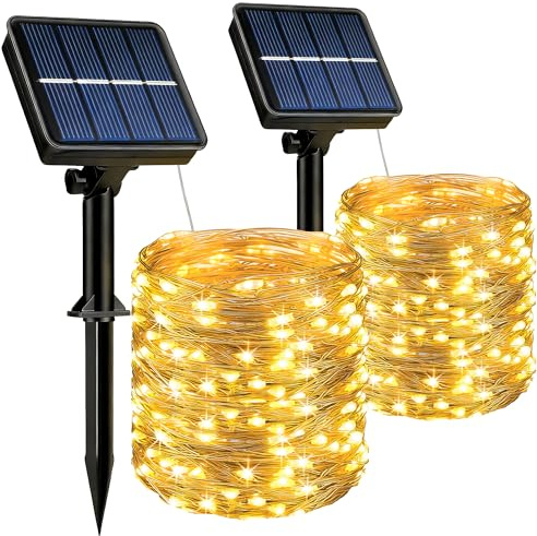 HeiPard Catena Luminosa Esterno Solare 2 Pezzi, 2 x 10M 100 LED Luci Solari da Giardino Impermeabili IP65, Lucine da Esterno Per Balcone, Terrazzo, Gazebo, Natale, Matrimonio (Luce Calda)