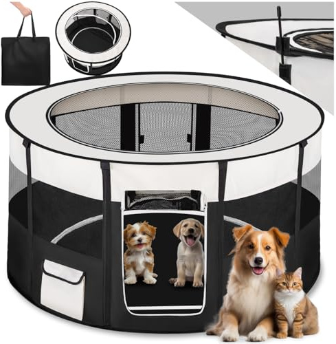tectake® Box Cani, Recinto Pieghevole, Cuccia Portatile, Cuccioli, Gabbia Cane, Animali Domestici, Ø 114 cm, H 60,5 cm, Tasche, Rete Traspirante - Nero